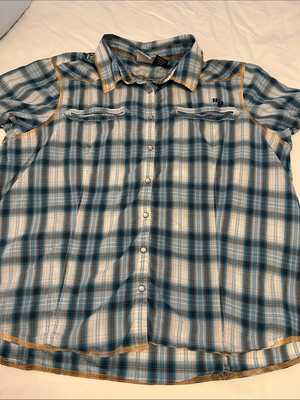 Harley-Davidson Teal, White and Tan Plaid Short-Sleeve Button-Down Shirt